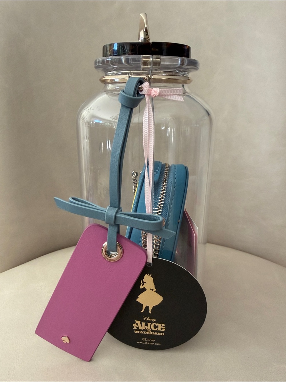 Kate Spade X Disney clear jar crossbody with blue Alice applique and pink tag - Picture 2 of 13